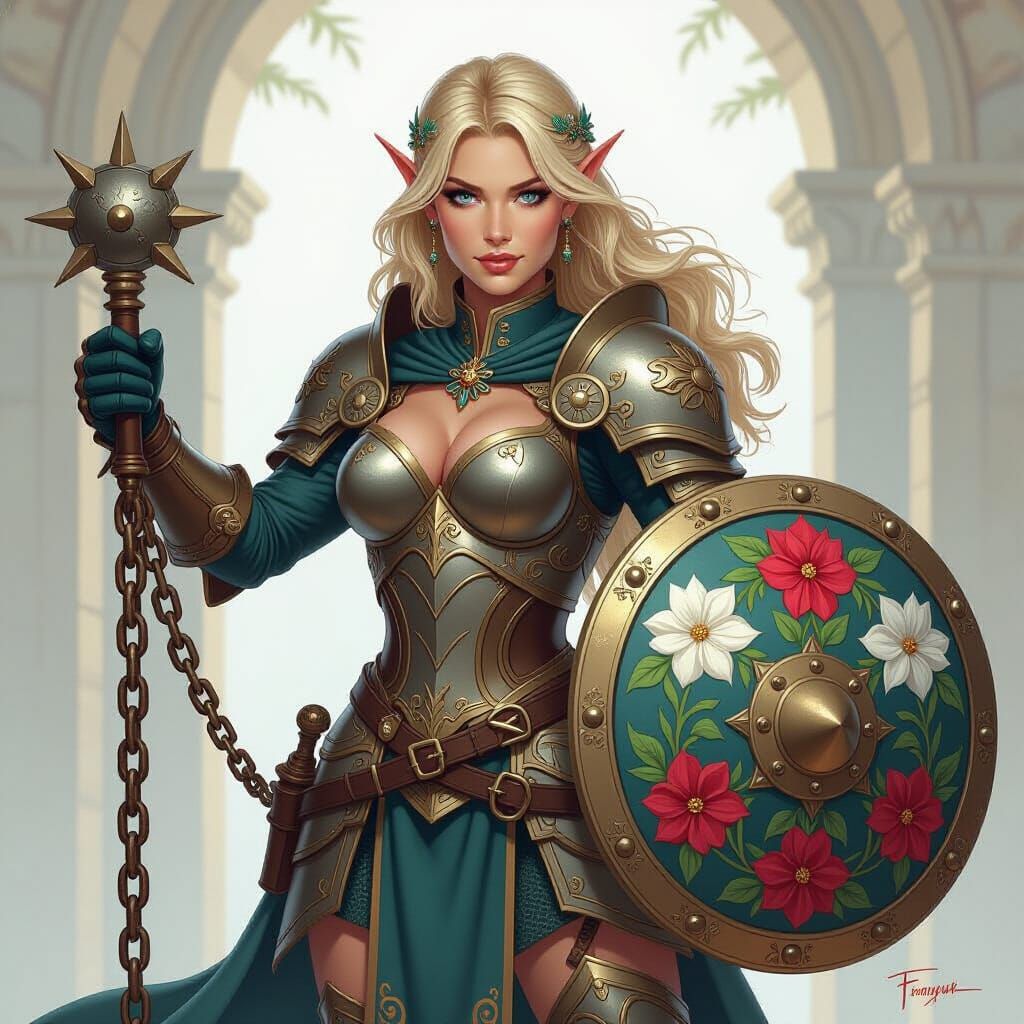 Half-Elf Paladin with Ball and Chain in Fantasy Art Style