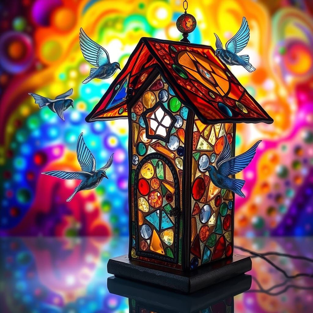 Rainbow Glass Mosaic Birdhouse with Fantasy Background