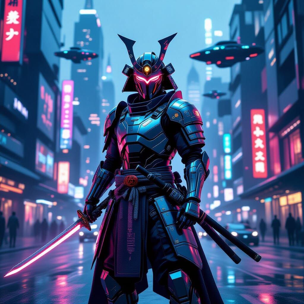 Cyberpunk Samurai Warrior in Neon Cityscape
