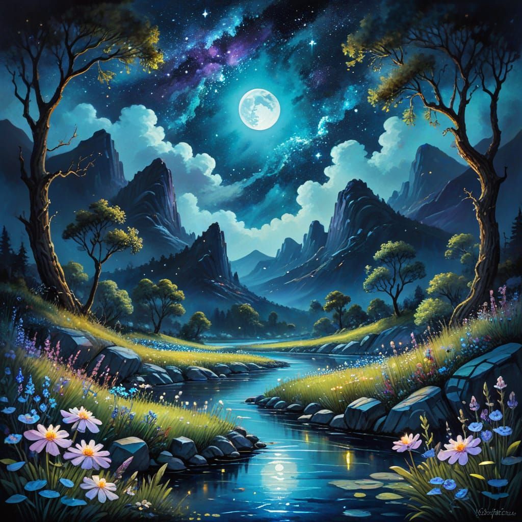 Moonlit Valley Masterpiece in Epic Impressionist Style