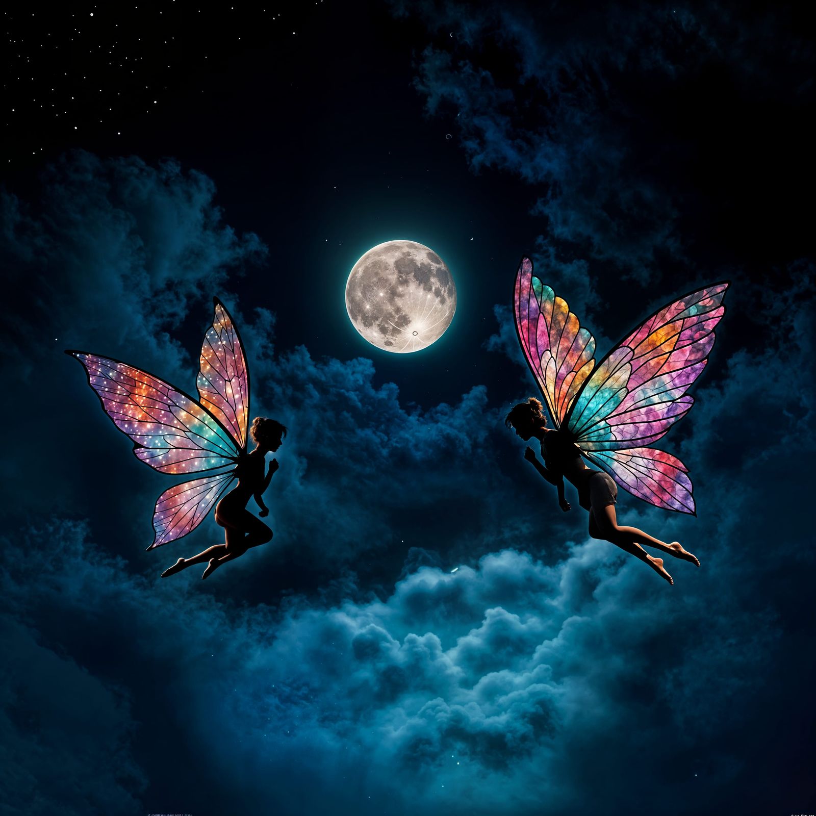 Luminous Fairies Flight Under Half Moon
