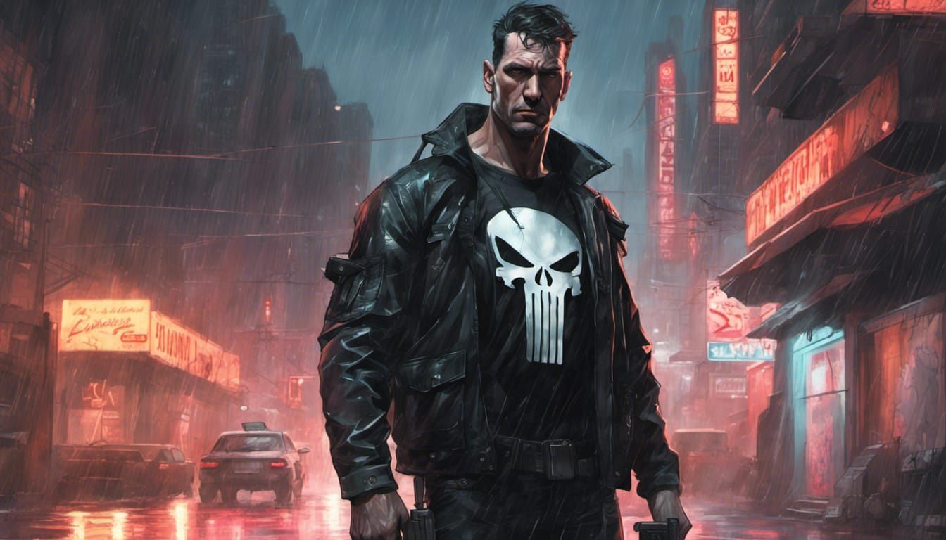 Punisher Portrait in Urban Neon Landscape, Hyperdetailed