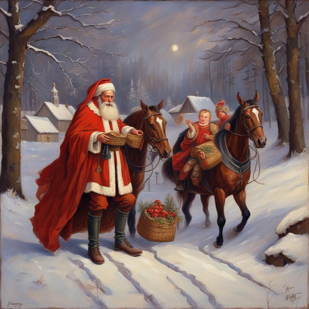 St. Nicholas Bearing Gifts as Oil Painting