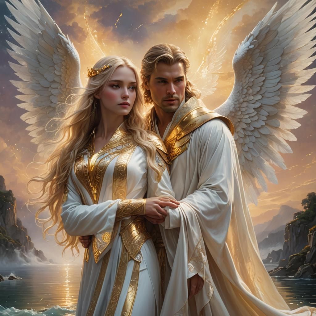 Ethereal Fantasy: Blonde Woman with Golden Wings