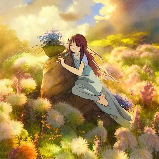 Medium shot. A young girl hugging a small dragon on a rock in a sunlit meadow. Medium shot. Whimsical children's book ar...