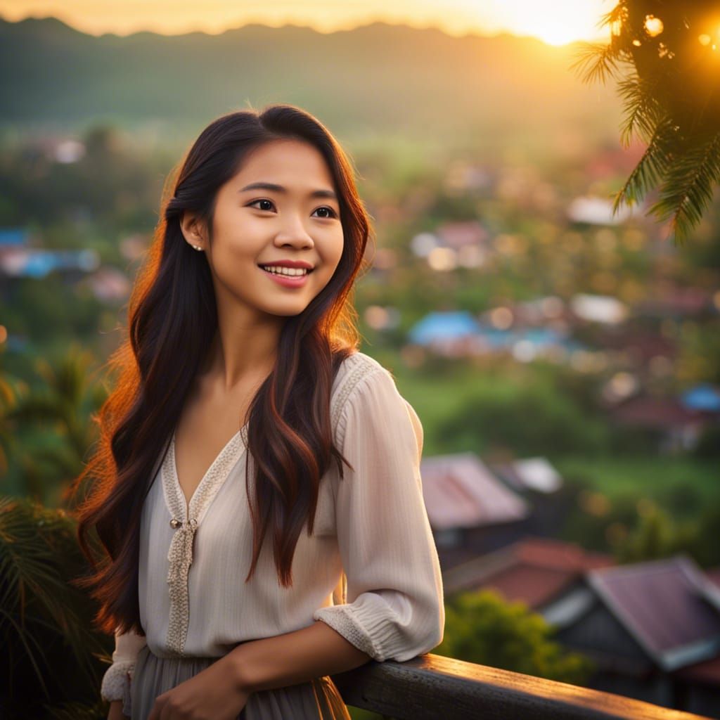 Young Woman Overlooking Village at Sunrise