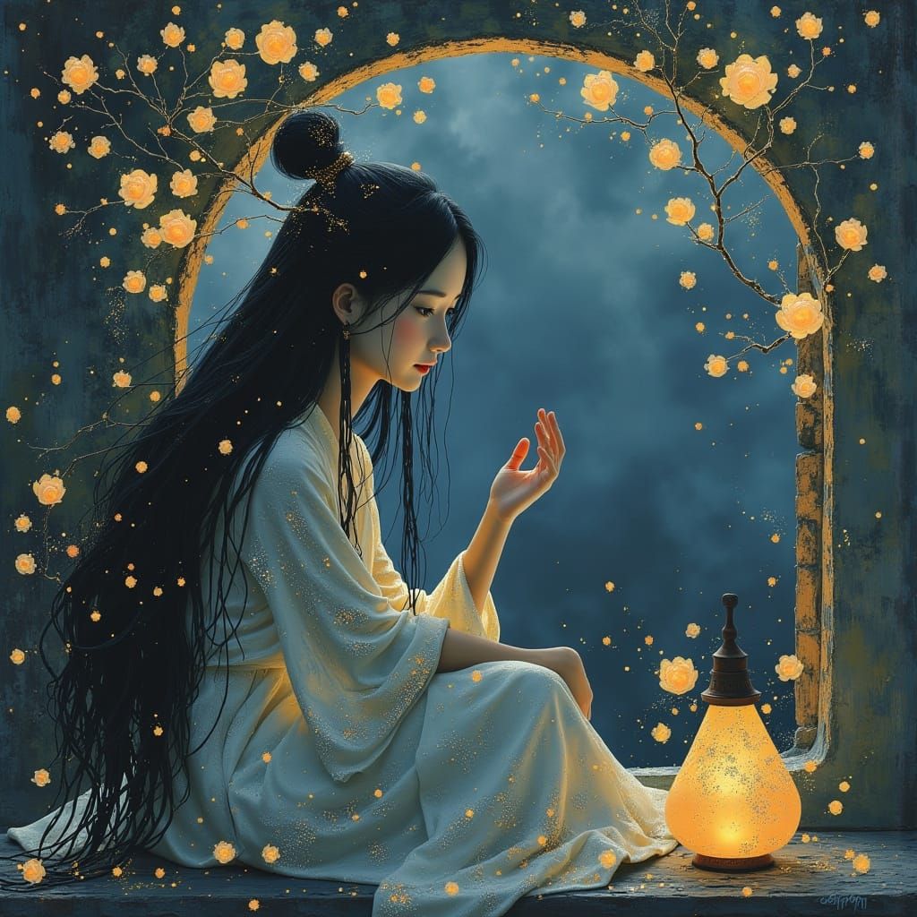 Lotus Woman in Moonlit Night, Alphonse Mucha Style