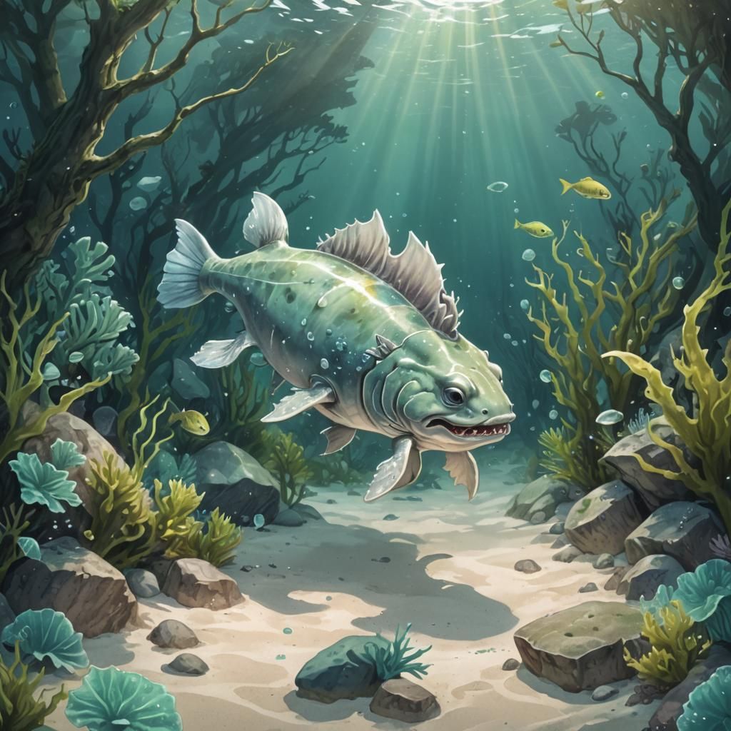 scaly chibi dunkleosteus underwater forest aquascape; white ...