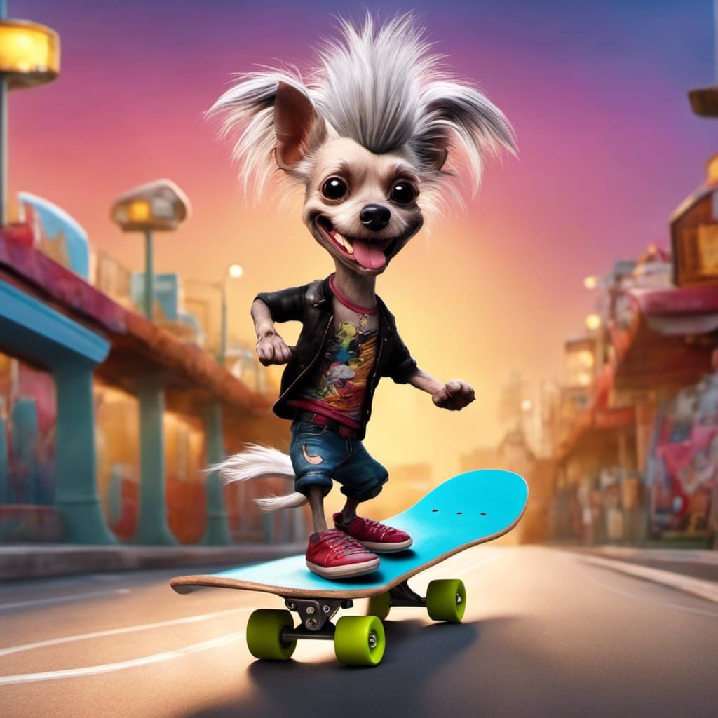 Punk Chinese Crested Dog Skateboard Caricature
