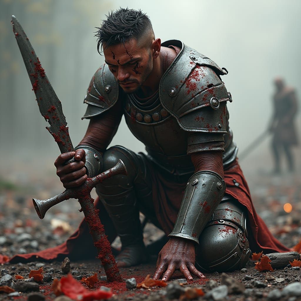 Broken Warrior Amidst Battlefield Ruins