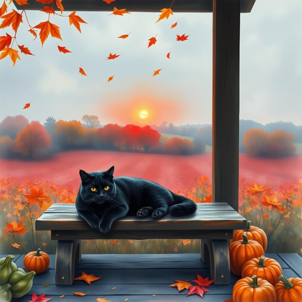 Black Cat in Autumnal Watercolor Landscape