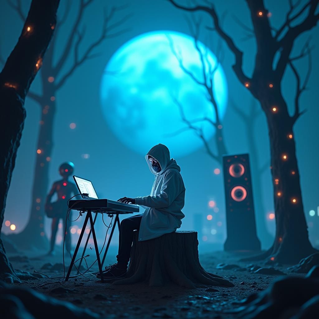 Cyborg Musician in Neon Cyberpunk Cityscape