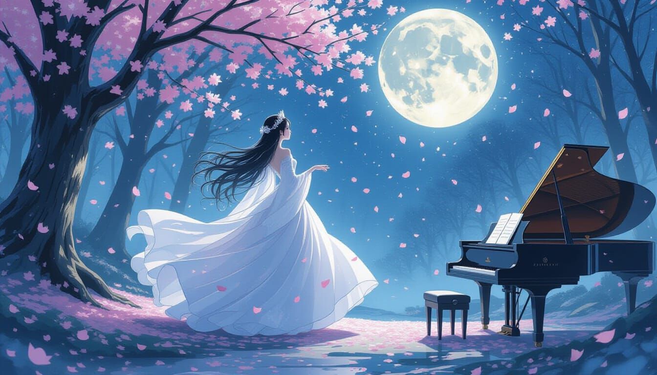 Ghost Princess Dances in Moonlight, Dreamlike Watercolor