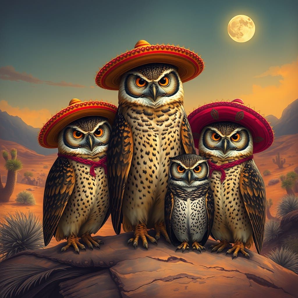 Owls in Sombreros: A Mexican Desert Scene