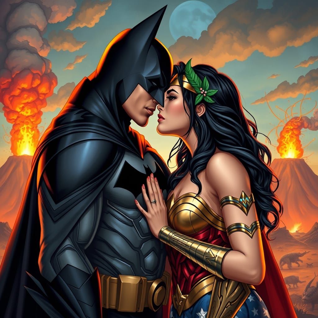 Dynamic Superhero Embrace in a Volcanic Prehistoric Landscap...