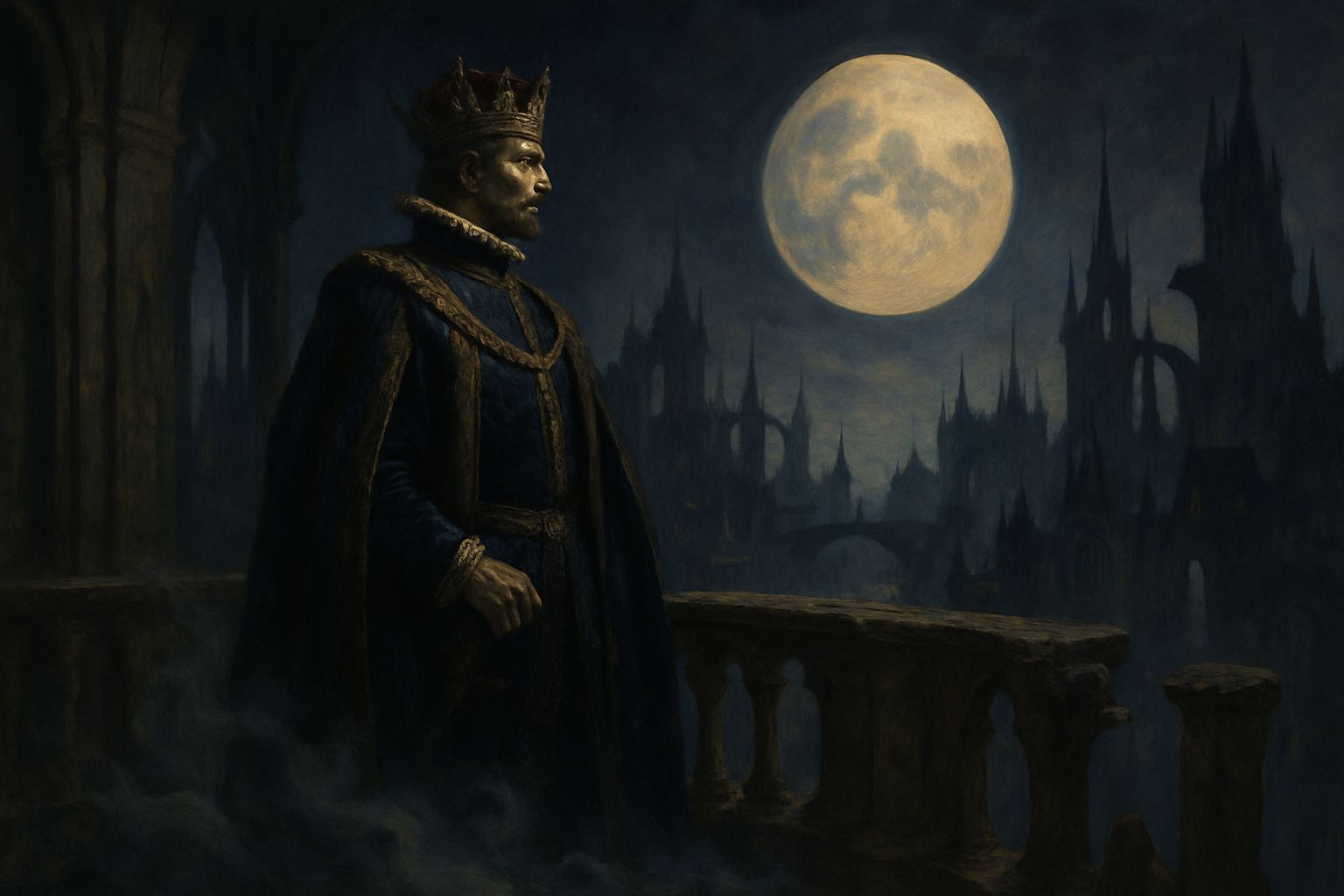 Renaissance Monarch Gazes Over Twilight City