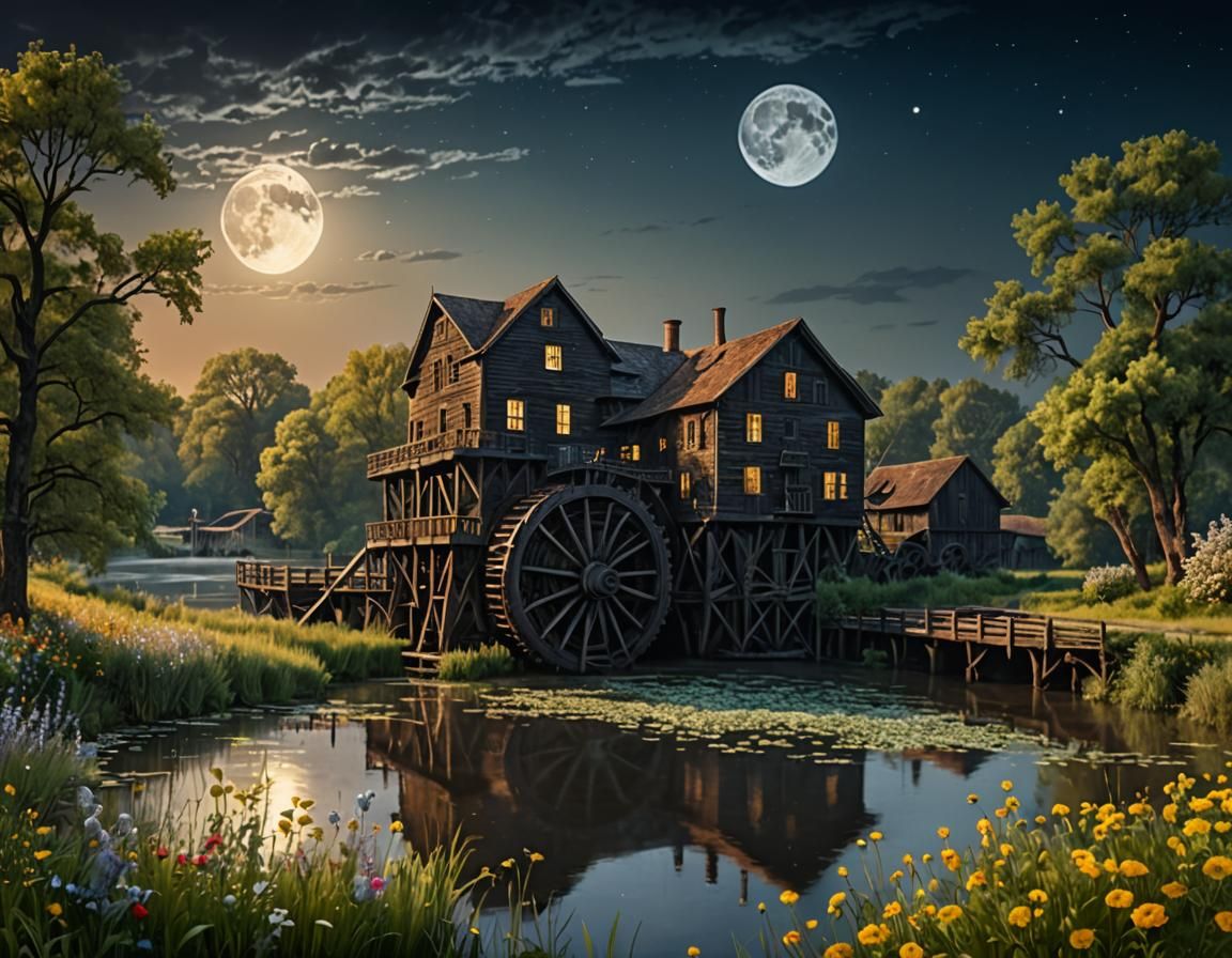 Paddle Wheel Boat on River Under Moonlight