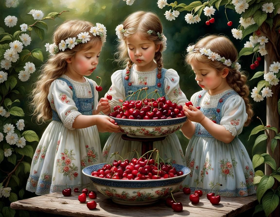 Children Delight in Cherries from Floral Porcelain Bowl in G...