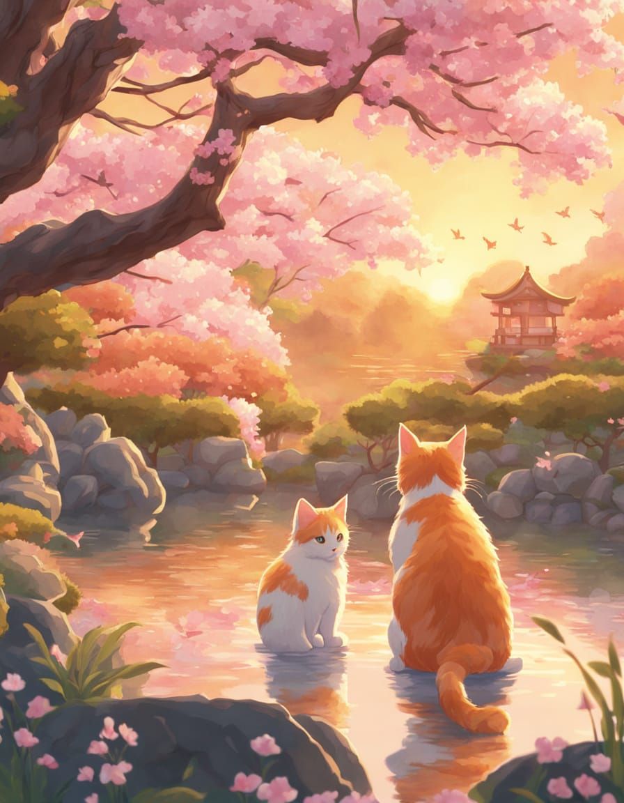 Kittens Watching Koi in Ghibli-Style Japanese Garden