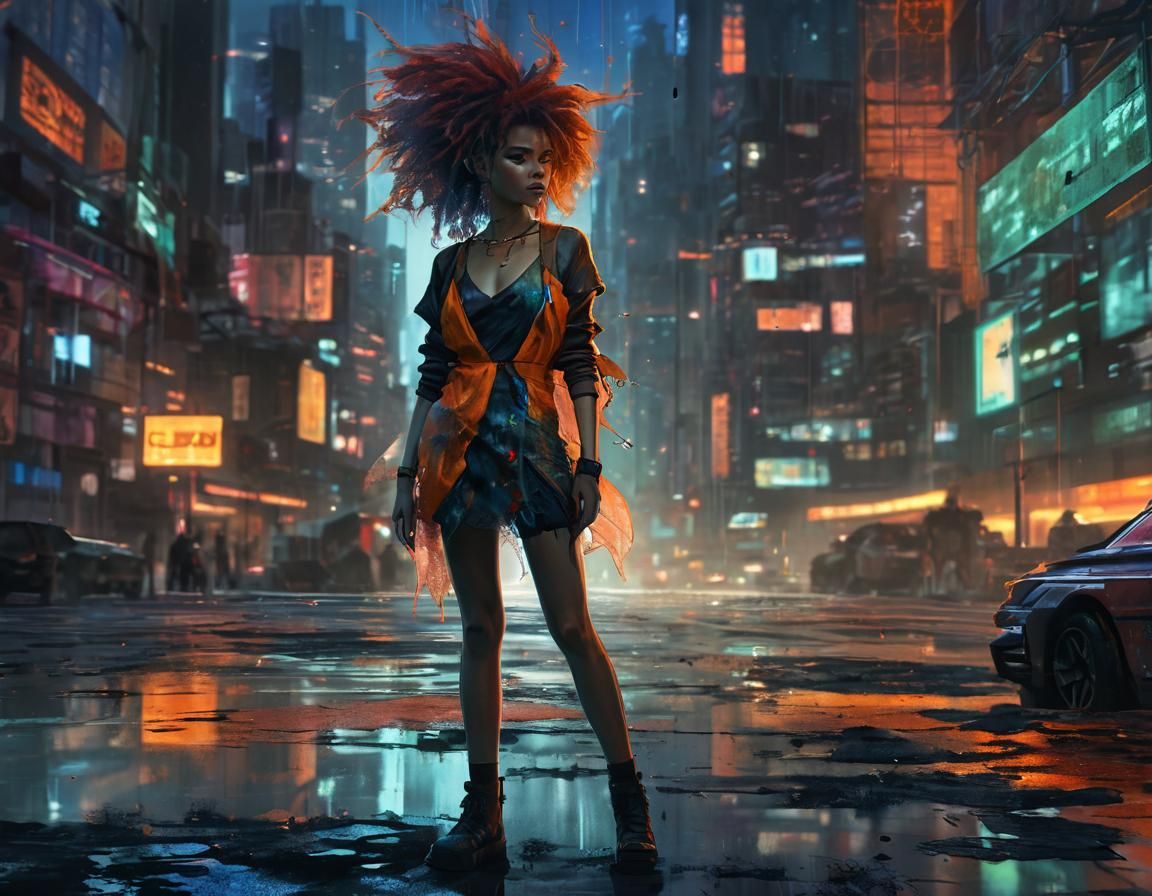 Cyberpunk Woman in Neon Cityscape Digital Art