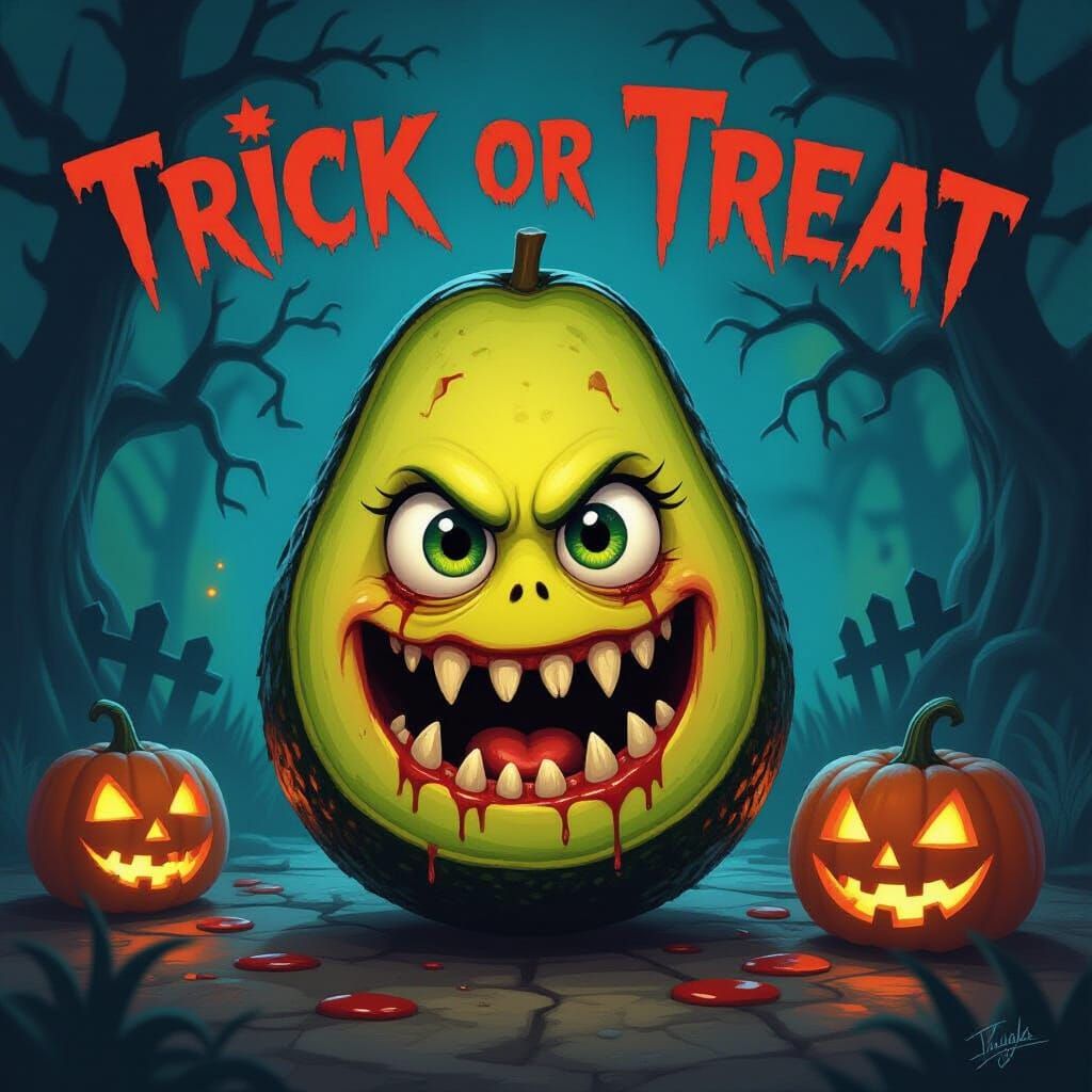 Spooky Avocado Monster with Bloody Teeth Halloween Art