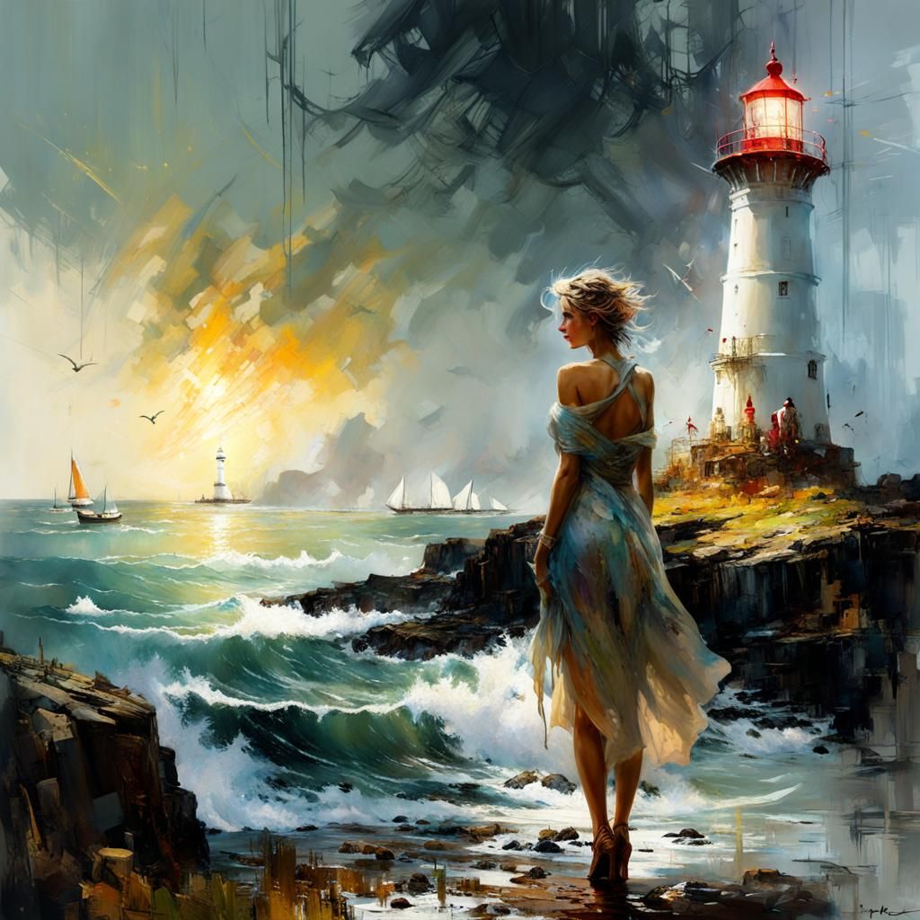 Woman Gazing at Lighthouse: Detailed Matte Painting