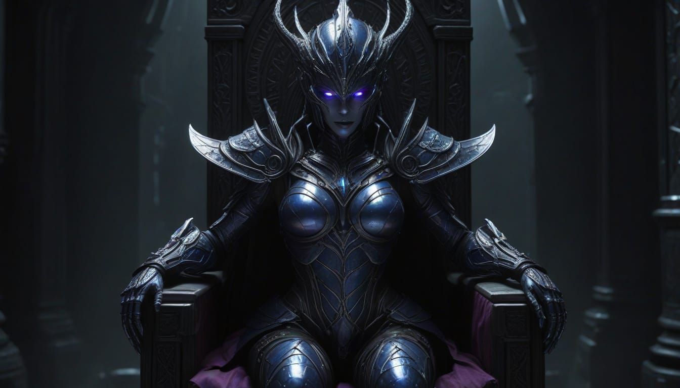 Alien Queen on Obsidian Throne in Biomechanical Armor