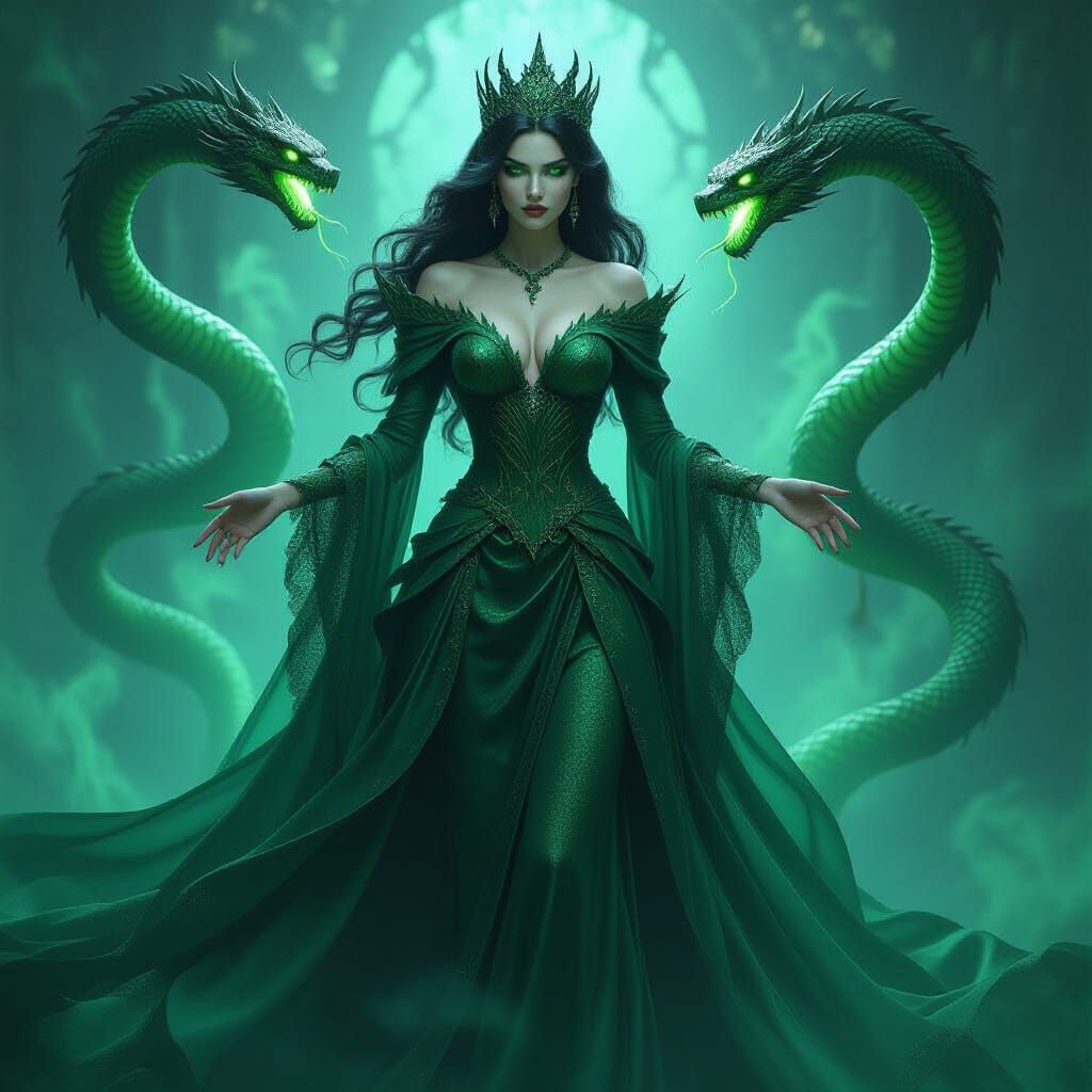 Dangerous Magical Queen in Emerald Gown with Venom Mist