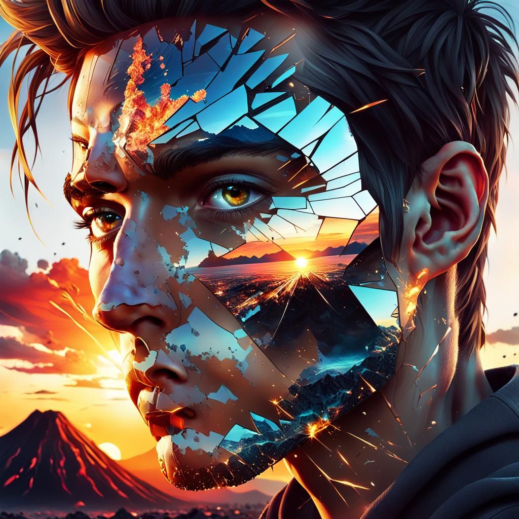 Volcanic Sunset: Shattered Glass Portrait in Digital Art