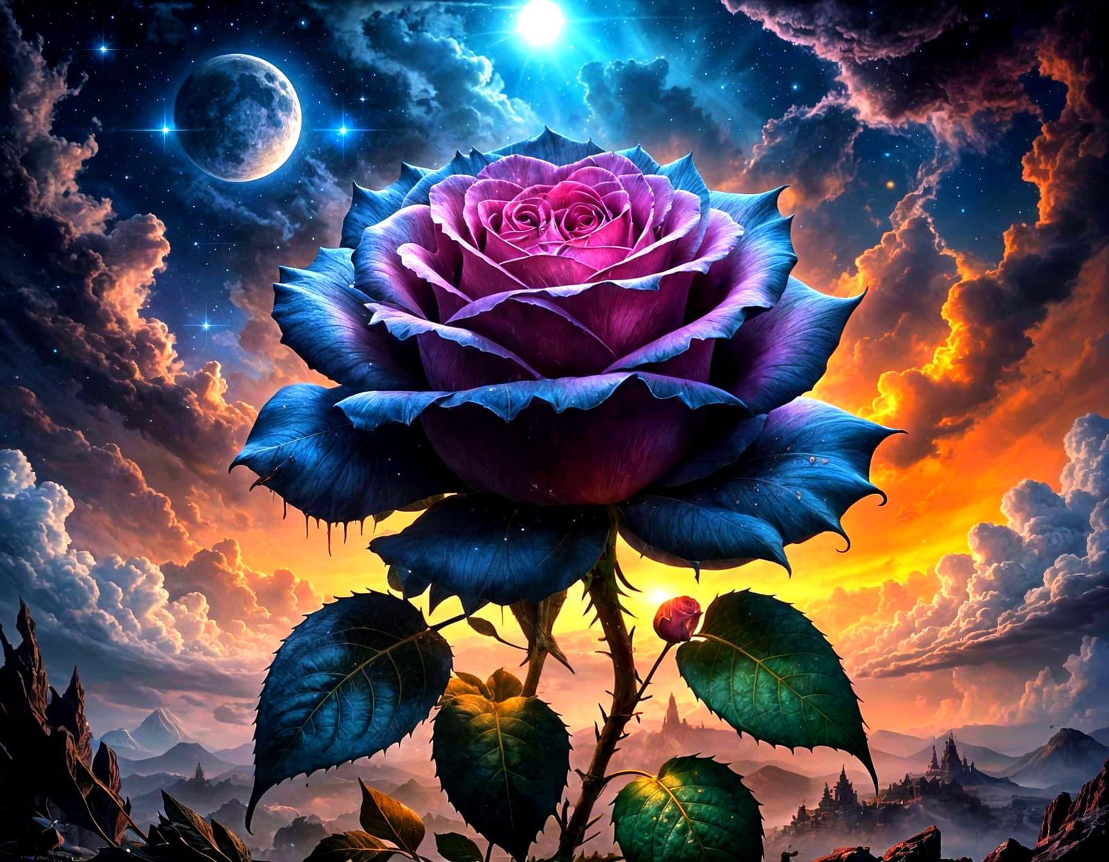 Surreal, Dark Fantasy Rose Blooms Under a Luminous Cracked M...
