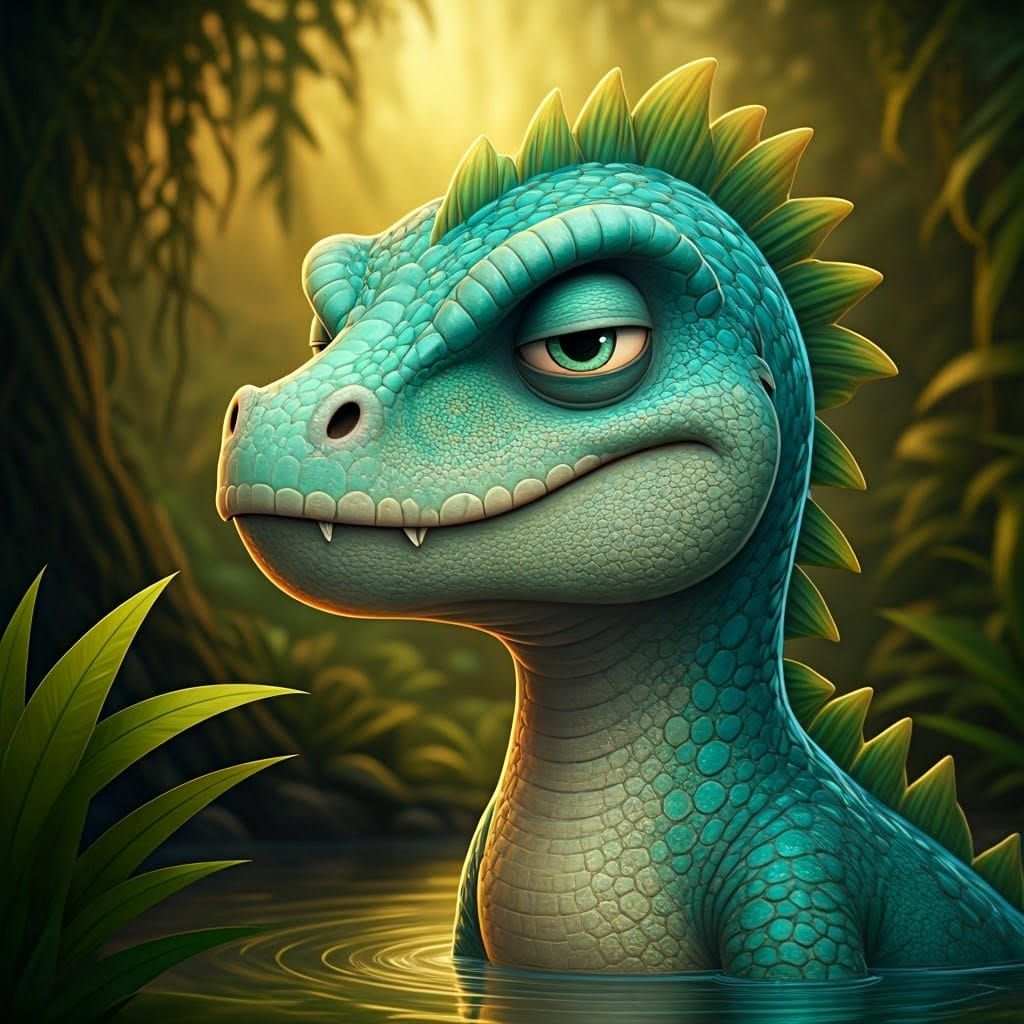 Grumpy Turquoise Dinosaur in Hyper-Realistic Digital Art