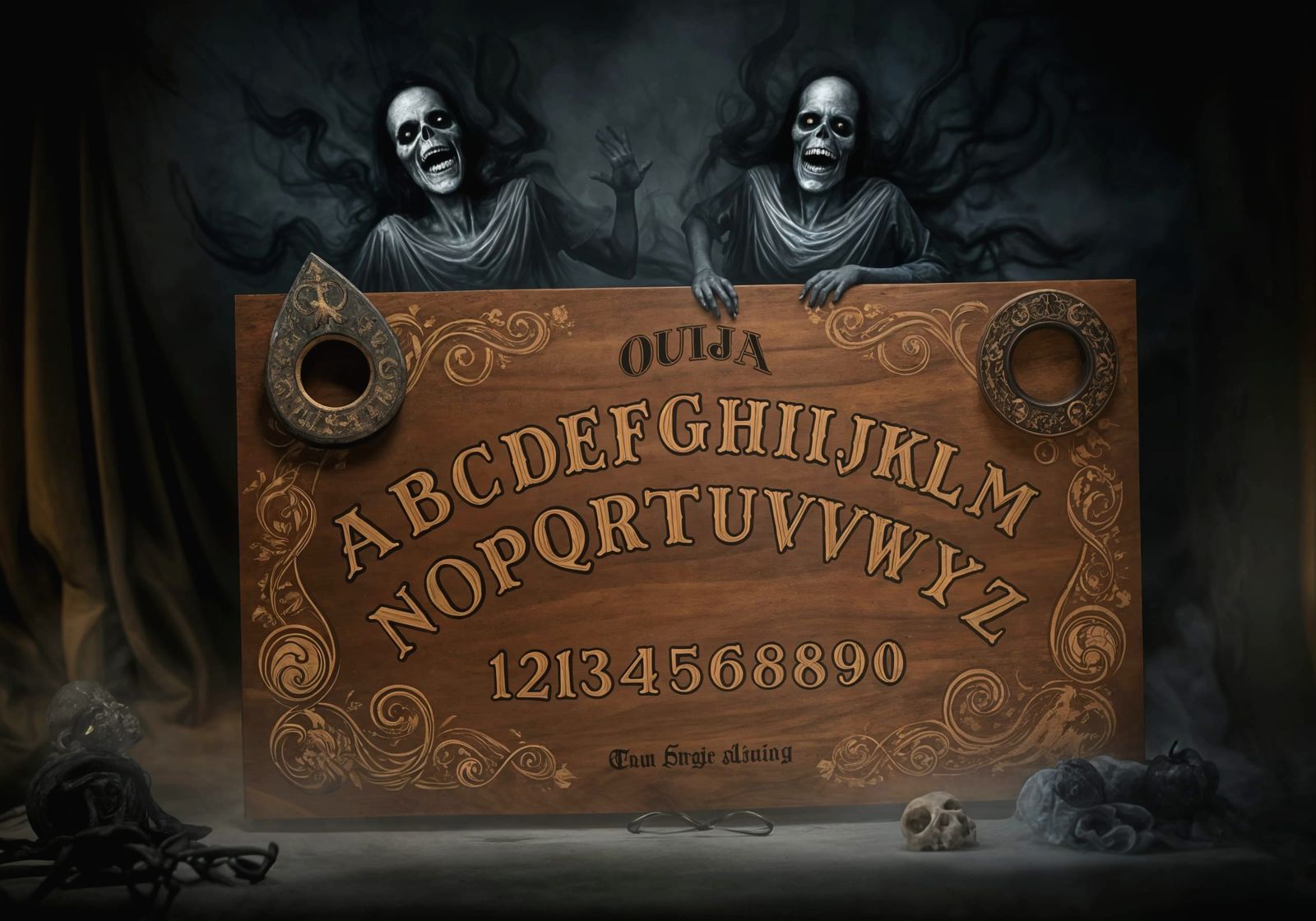 Exotic Wood Ouija Board with Dark Spirits