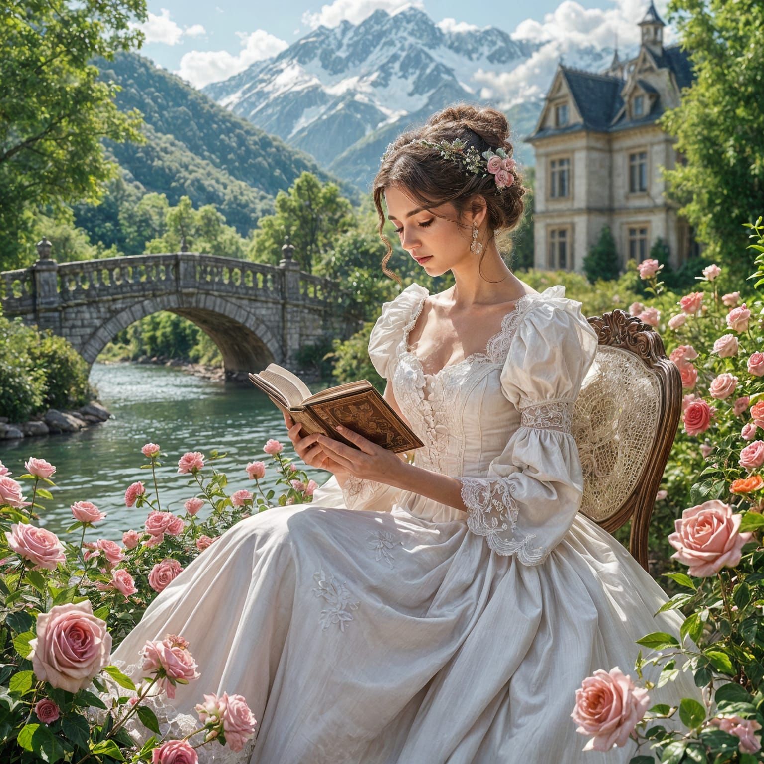 Victorian Lady Reading in Rose Garden: 3D Digital Art