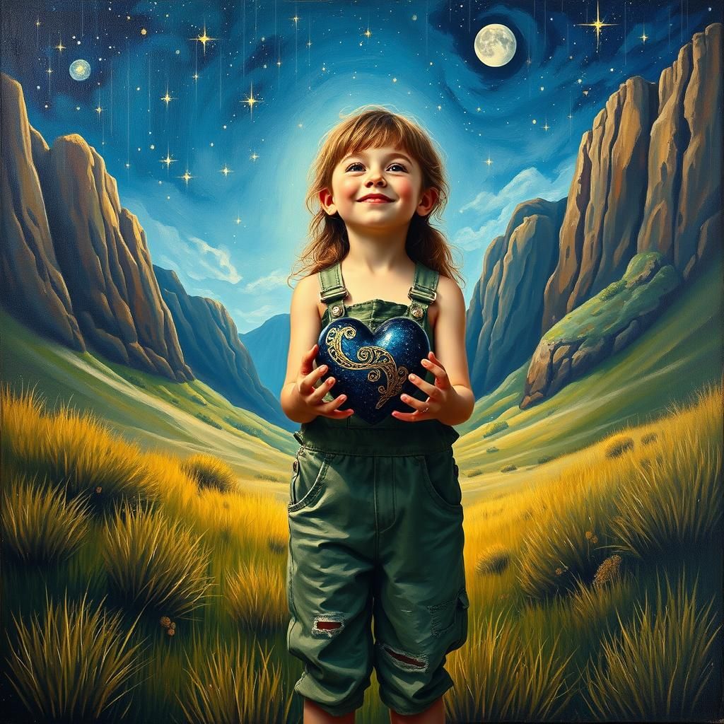 Girl Offering Heart in Moonlit Canyon: Expressionist Paintin...