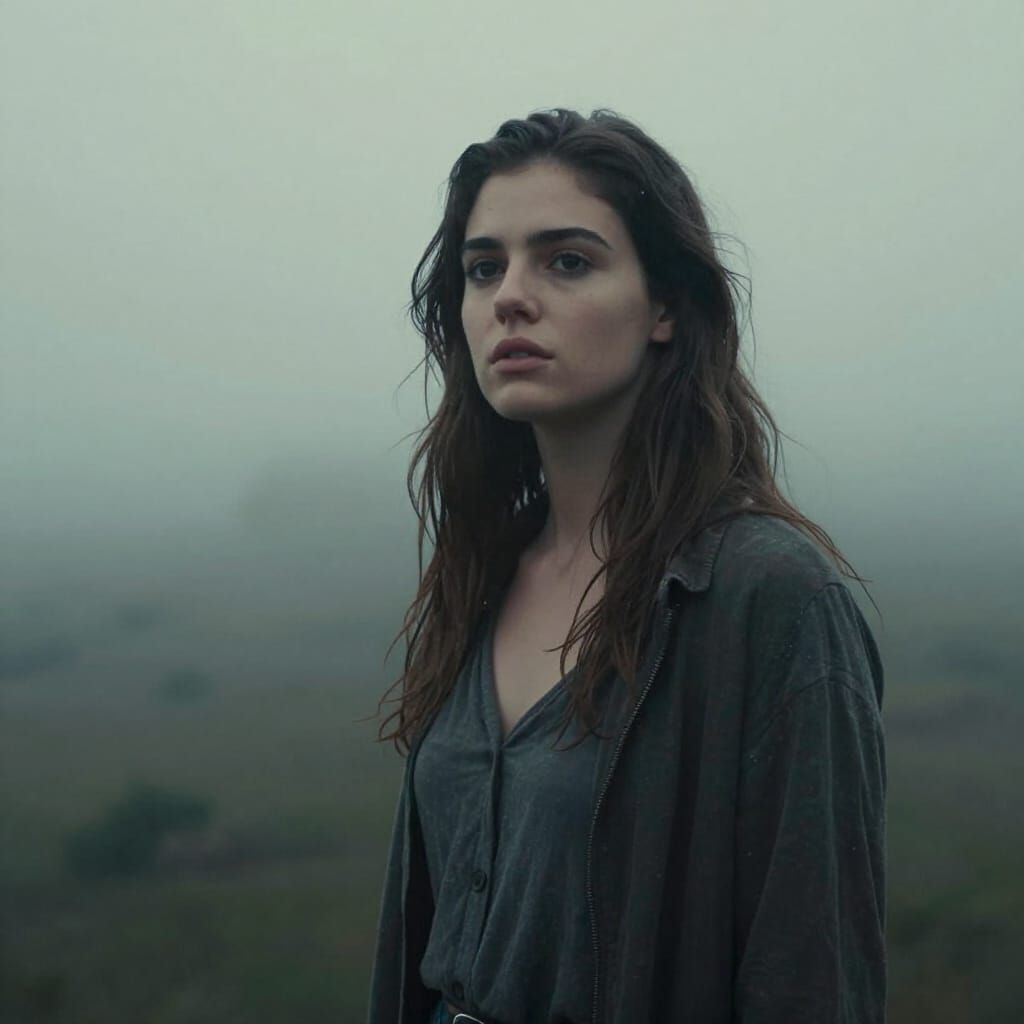 Ethereal Woman in Misty Landscape