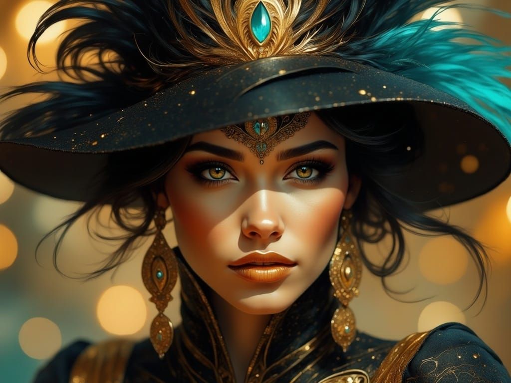 Mysterious Woman in Opulent Attire, Radiating Intensity