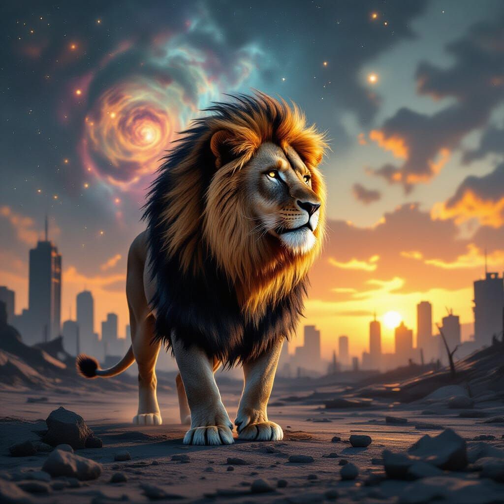 Nebula-Maned Lion Overlooks Post-Apocalyptic Cityscape