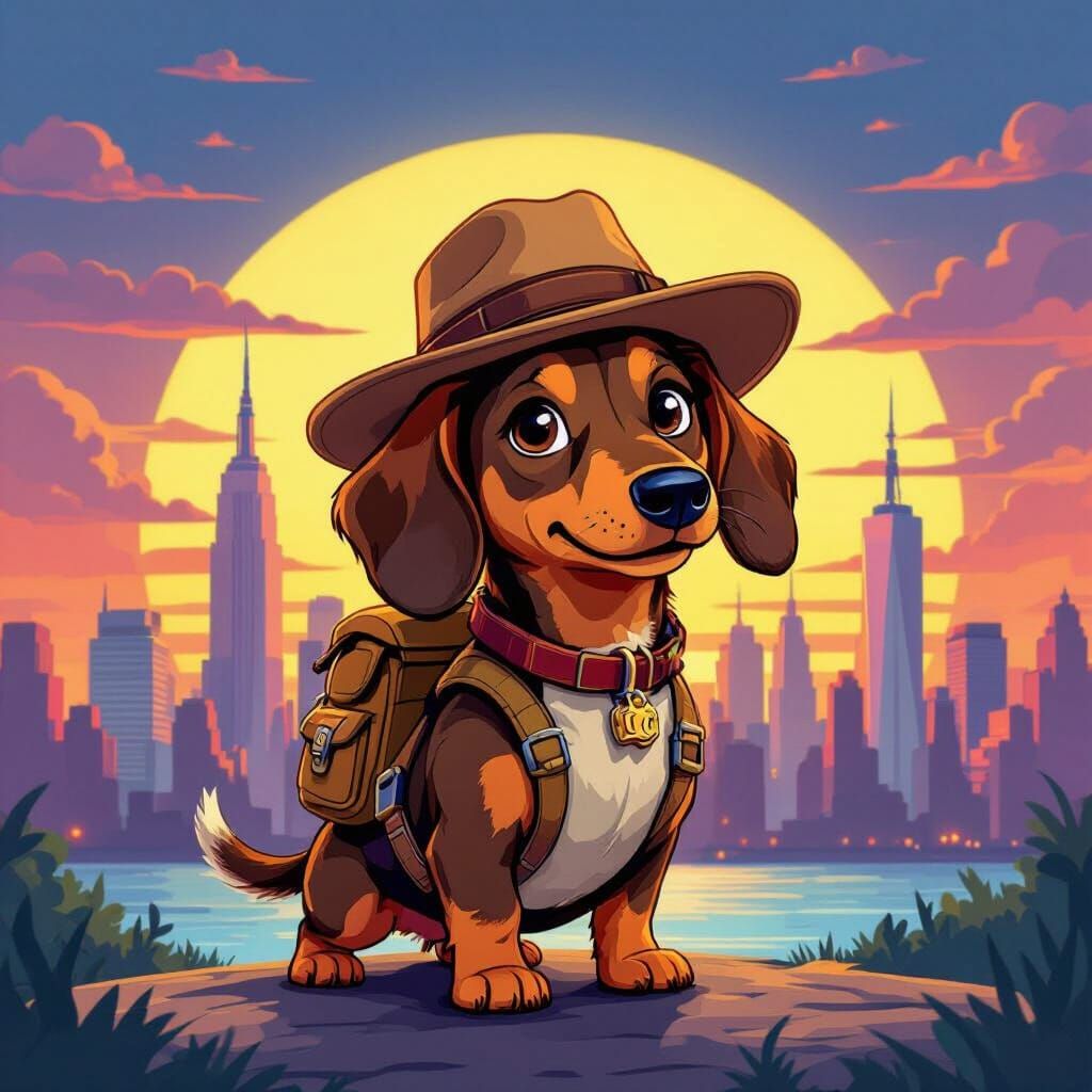 Dachshund Adventurer in Cartoon New York Sunset