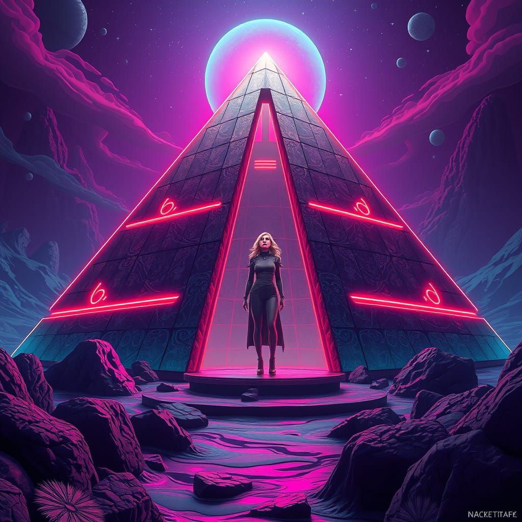 Futuristic Pyramid Scene with Woman in Superflat Aesthetic
