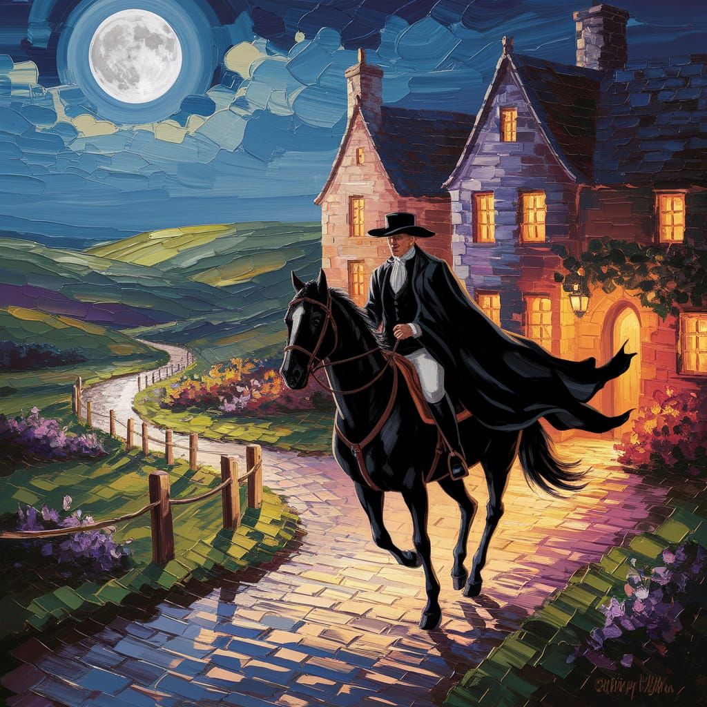 Dashing Highwayman Gallops into Midnight Inn Courtyard