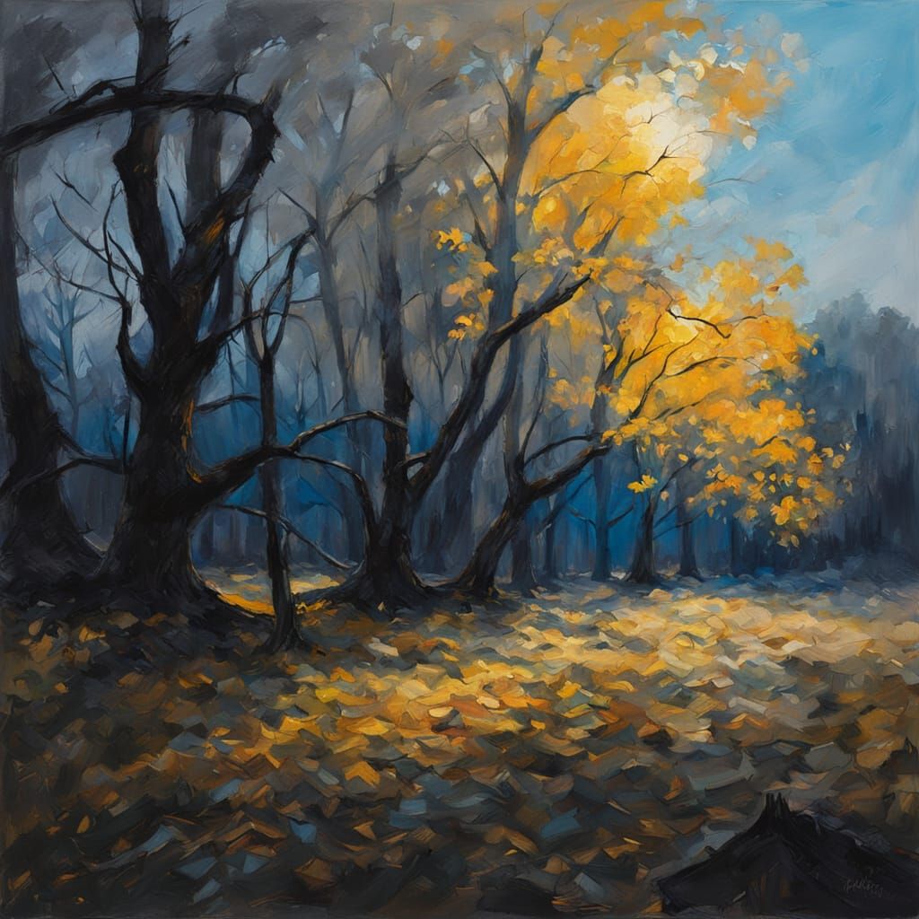 Dramatic Tree Silhouettes in Oil Painting Style