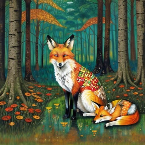 Fox in Autumn Forest: Klimt-Inspired Illustration