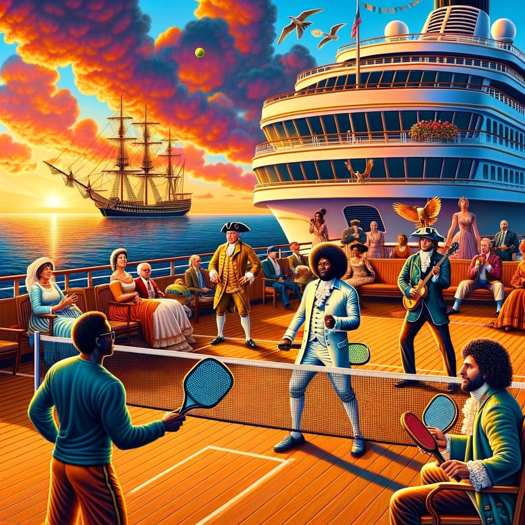 Historic Figures Play Pickleball at Sunset on Cruise Ship