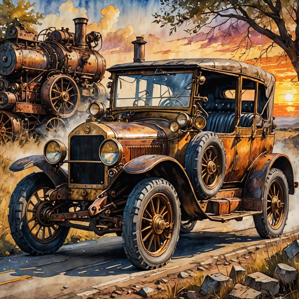 Dreamy Sunset Road with Old Car in Watercolor Style