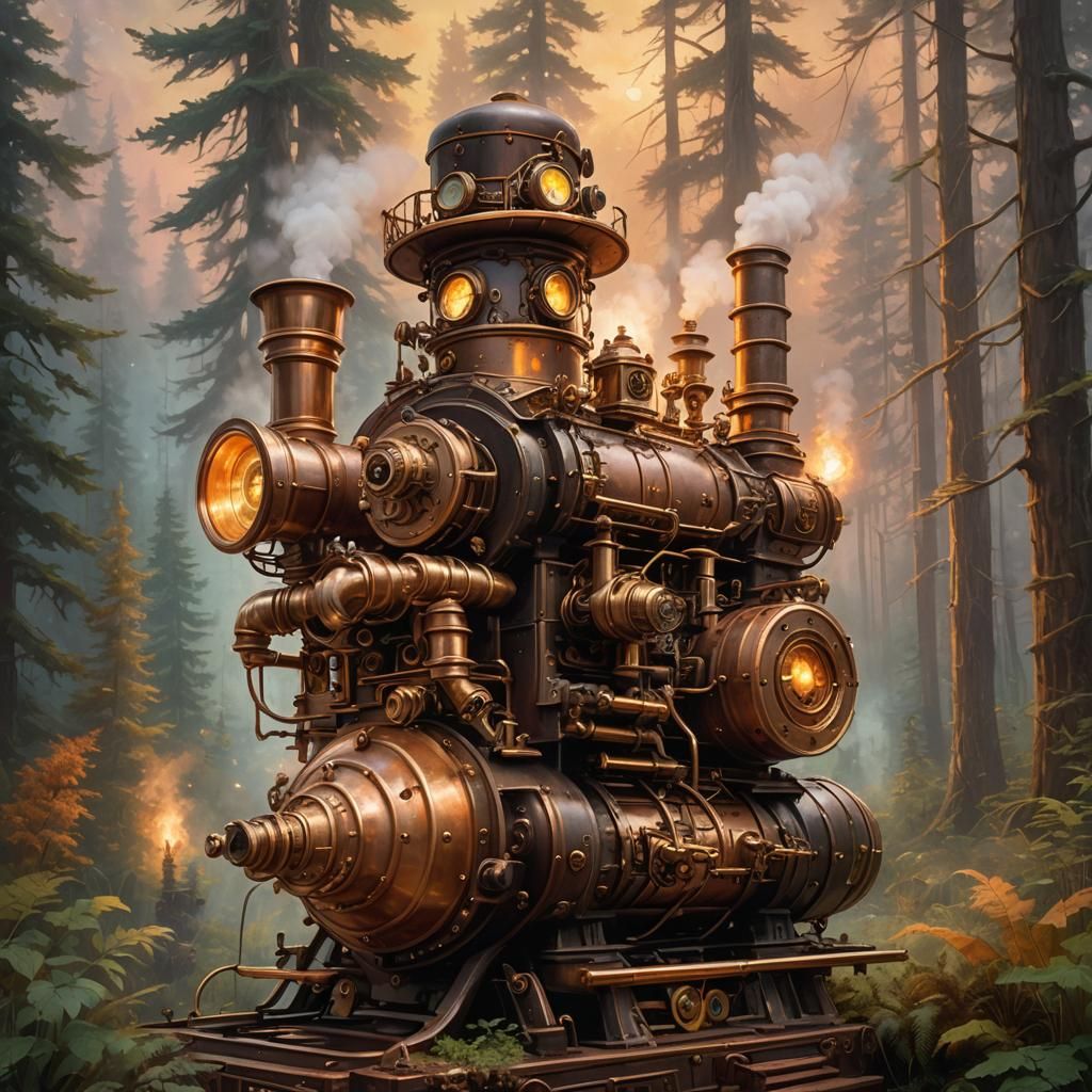Steampunk Engine with Beaver Hat in Ethereal Forest