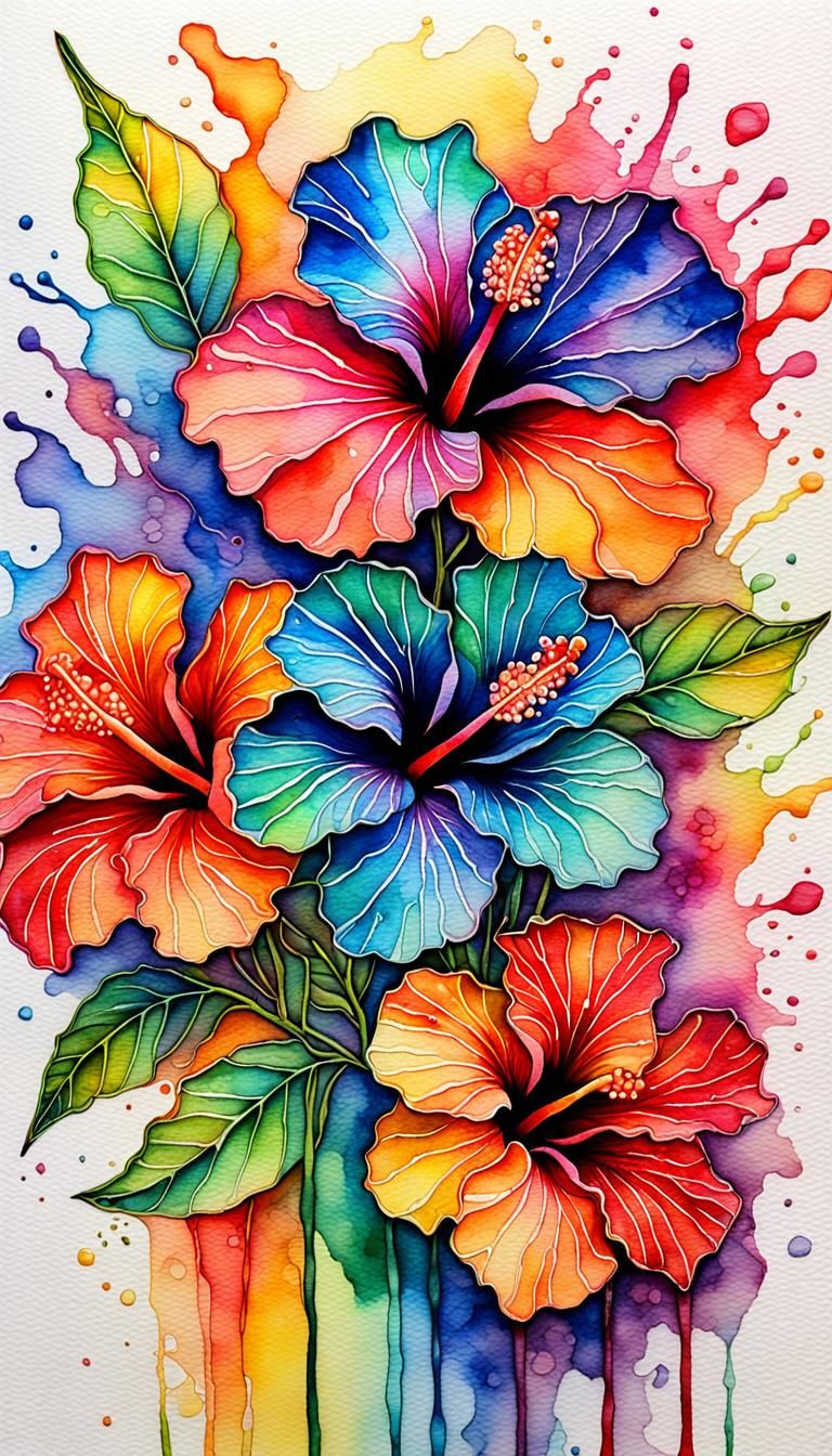Rainbow Hibiscus in Mixed Media with Vivid Colors