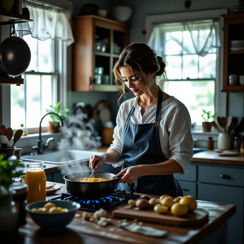Woman Cooking With Magic in Cinematic Film Still