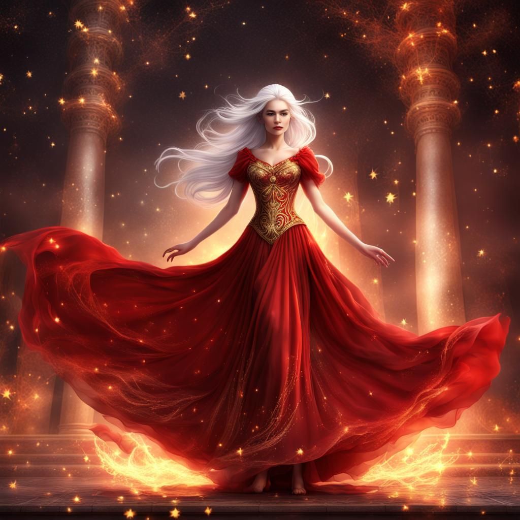White-Haired Princess in Fiery Red Dress
