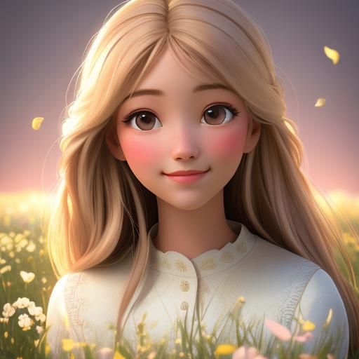 Young Girl Portrait in Flower Field with Soft Focus