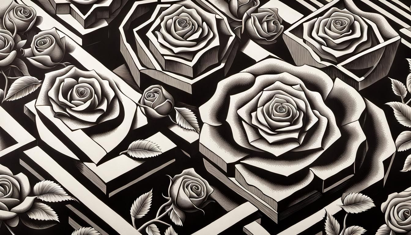 M C Escher monochrome woodcut of chocolates and roses